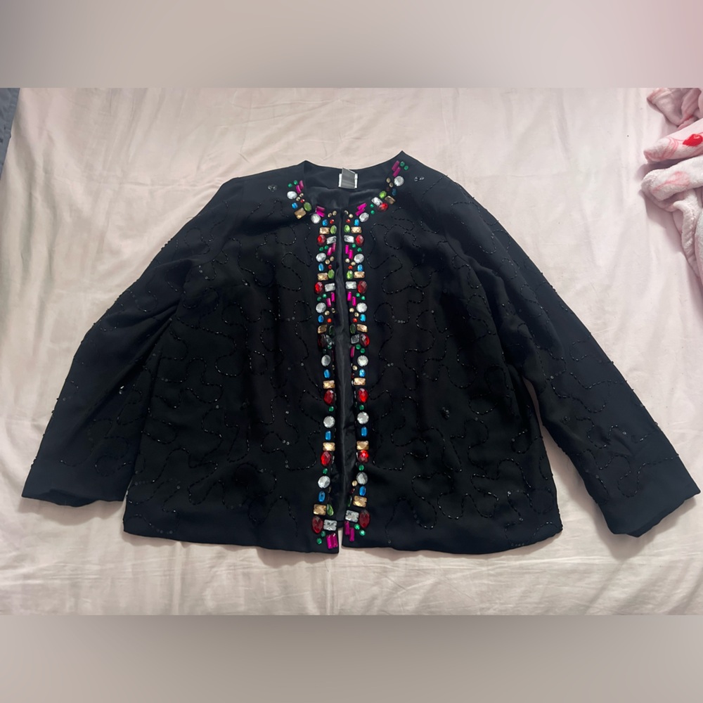 Roaman's Black Beaded Coat with Colorful Jewel Embellishments
